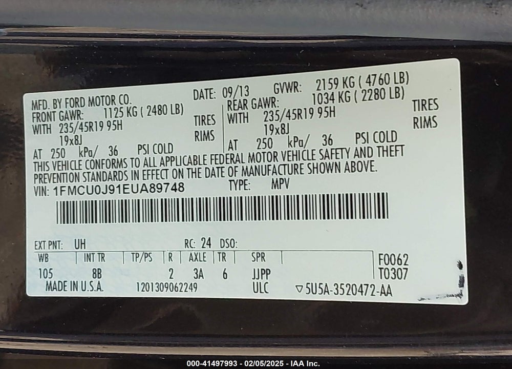 2014 FORD ESCAPE TITANIUM VIN: 1FMCU0J91EUA89748