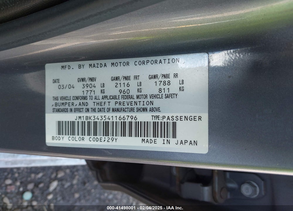 2004 MAZDA 3 S VIN: JM1BK343541166796