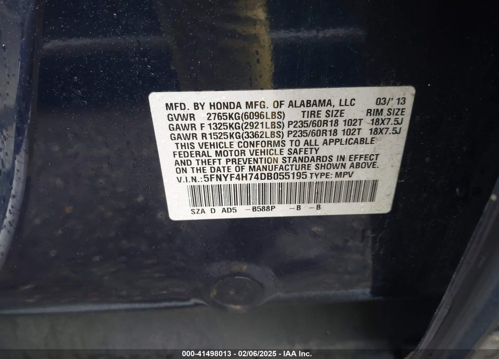 2013 HONDA PILOT EX-L VIN: 5FNYF4H74DB055195
