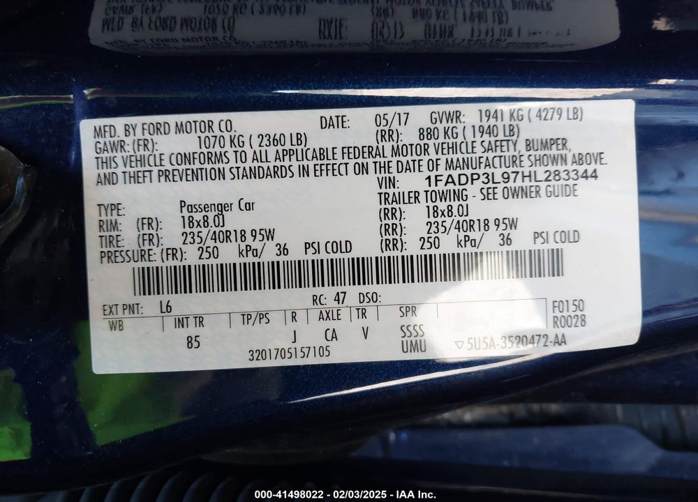 2017 FORD FOCUS VIN: 1FADP3L97HL283344