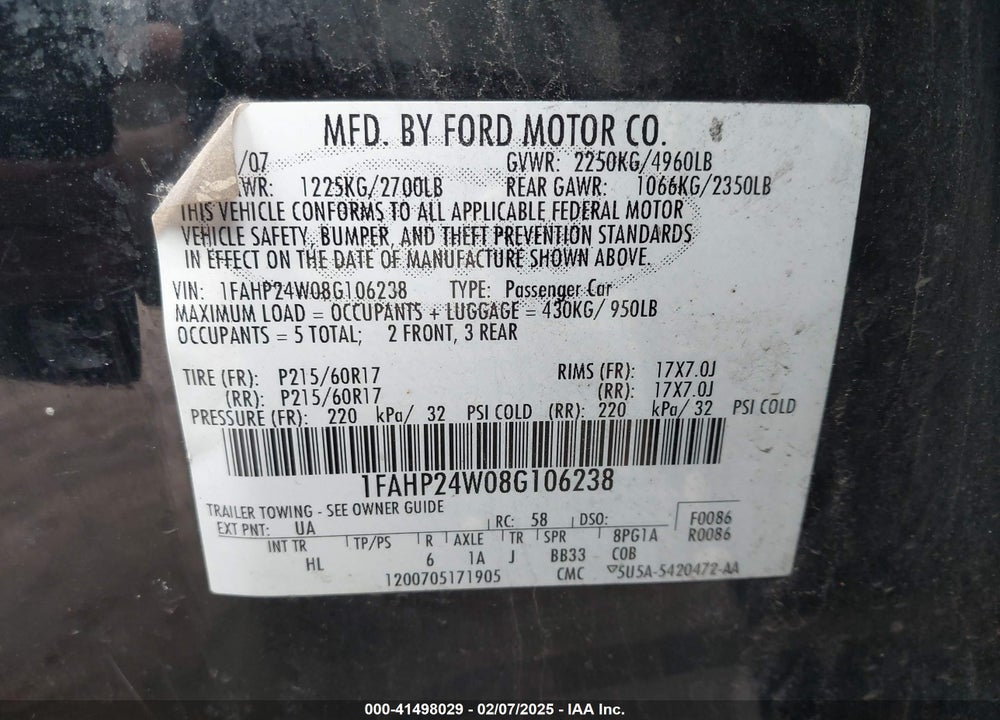 2008 FORD TAURUS VIN: 1FAHP24W08G106238