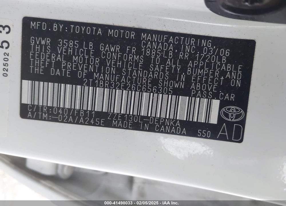 2006 TOYOTA COROLLA VIN: 2T1BR32E26C656305