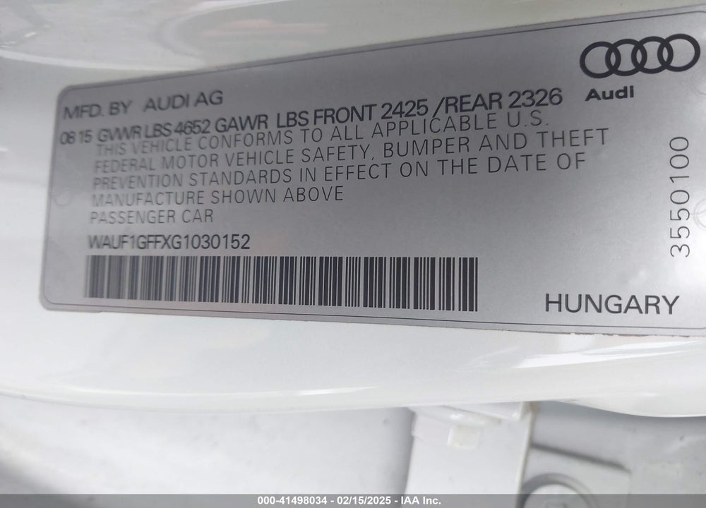 2016 AUDI S3 VIN: WAUF1GFFXG1030152