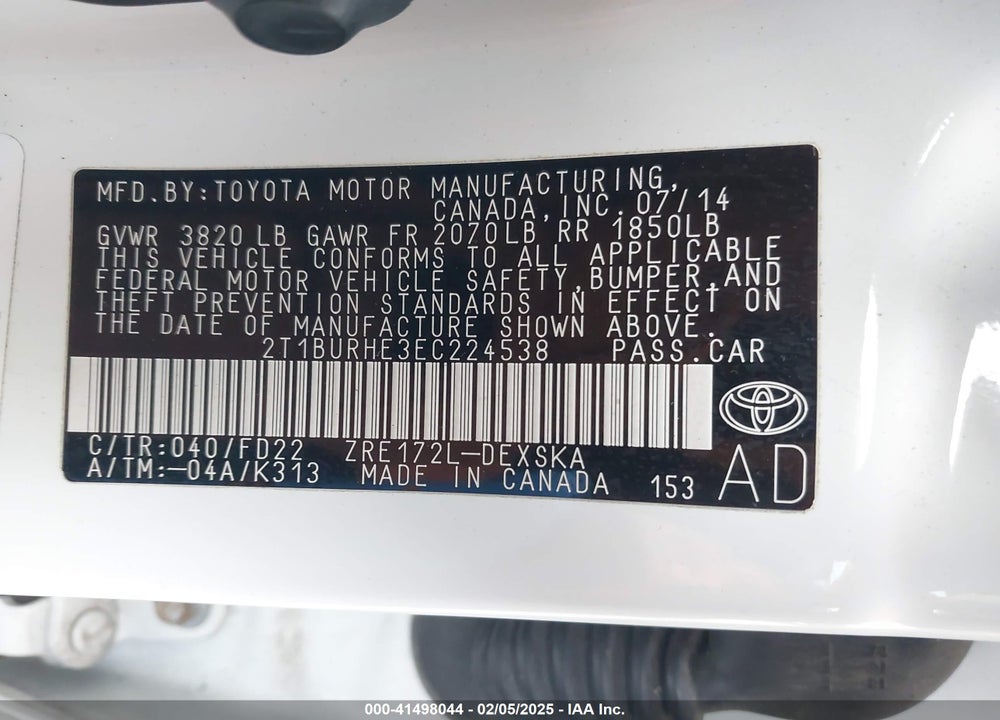 2014 TOYOTA COROLLA VIN: 2T1BURHE3EC224538