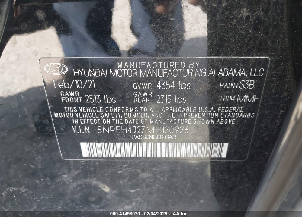 2021 HYUNDAI SONATA VIN: 5NPEH4J27MH120926