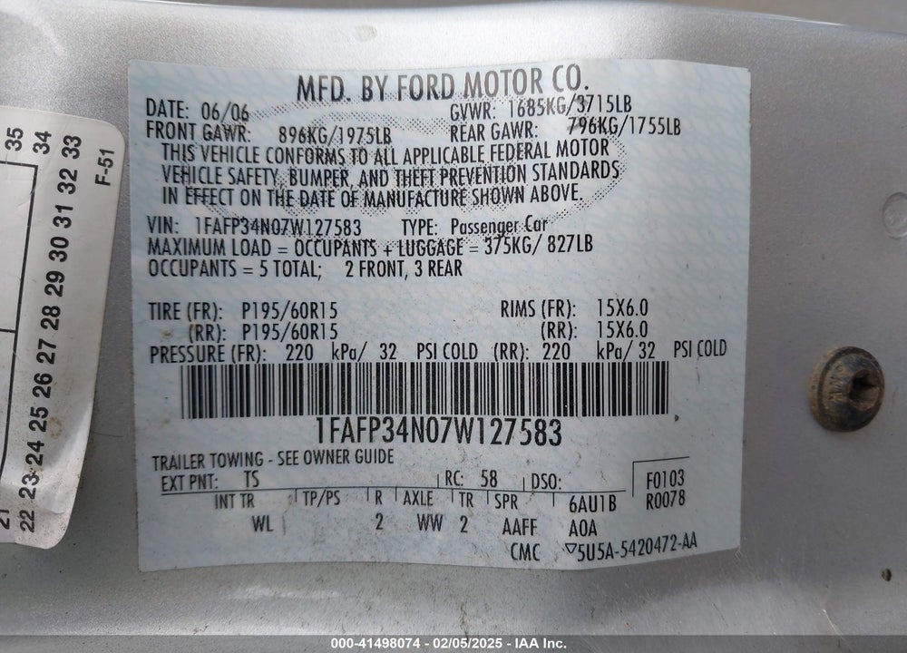 2007 FORD FOCUS S/SE/SES VIN: 1FAFP34N07W127583