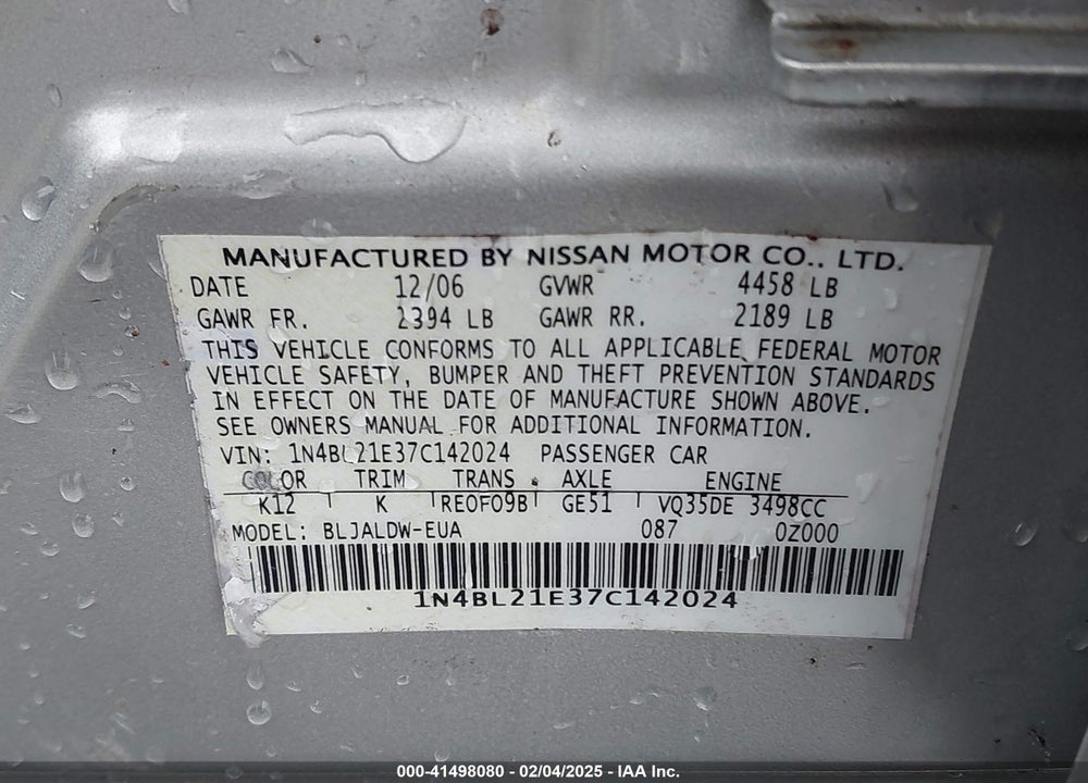 2007 NISSAN ALTIMA 3.5 SE VIN: 1N4BL21E37C142024