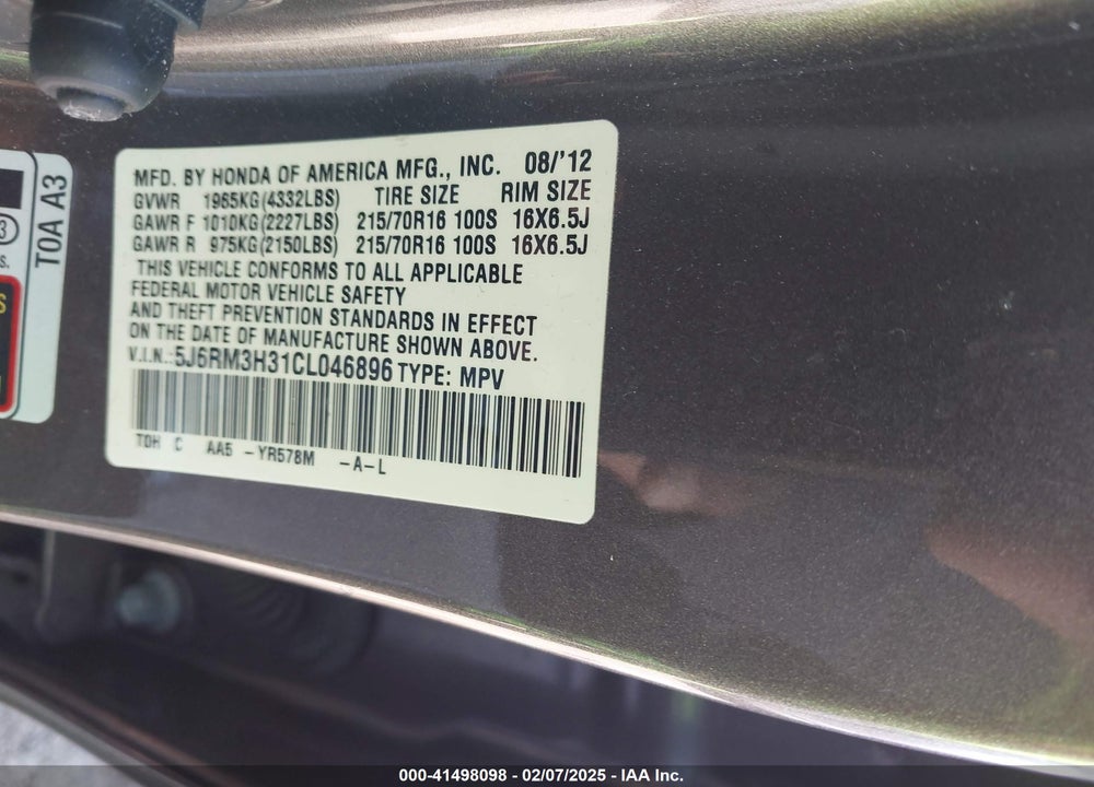 2012 HONDA CR-V VIN: 5J6RM3H31CL046896