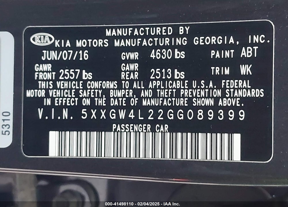 2016 KIA OPTIMA SX TURBO VIN: 5XXGW4L22GG089399