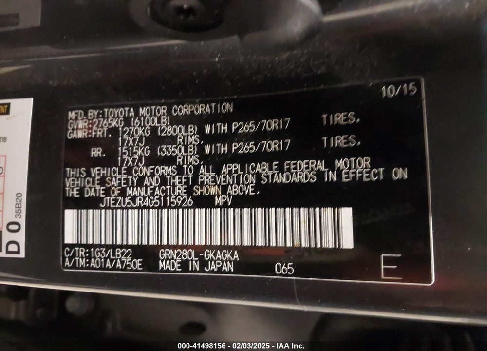 2016 TOYOTA 4RUNNER SR5 PREMIUM VIN: JTEZU5JR4G5115926