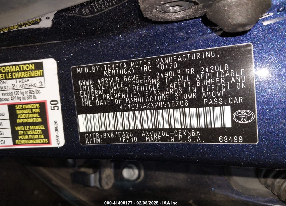 2021 TOYOTA CAMRY VIN: 4T1C31AKXMU548706