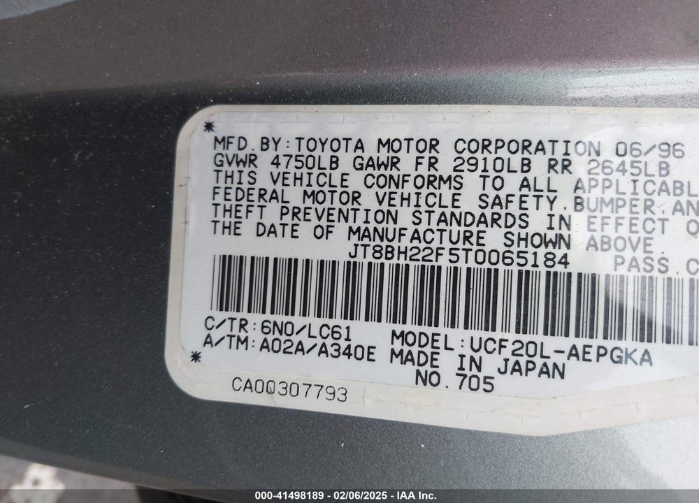 1996 LEXUS LS 400 VIN: JT8BH22F5T0065184