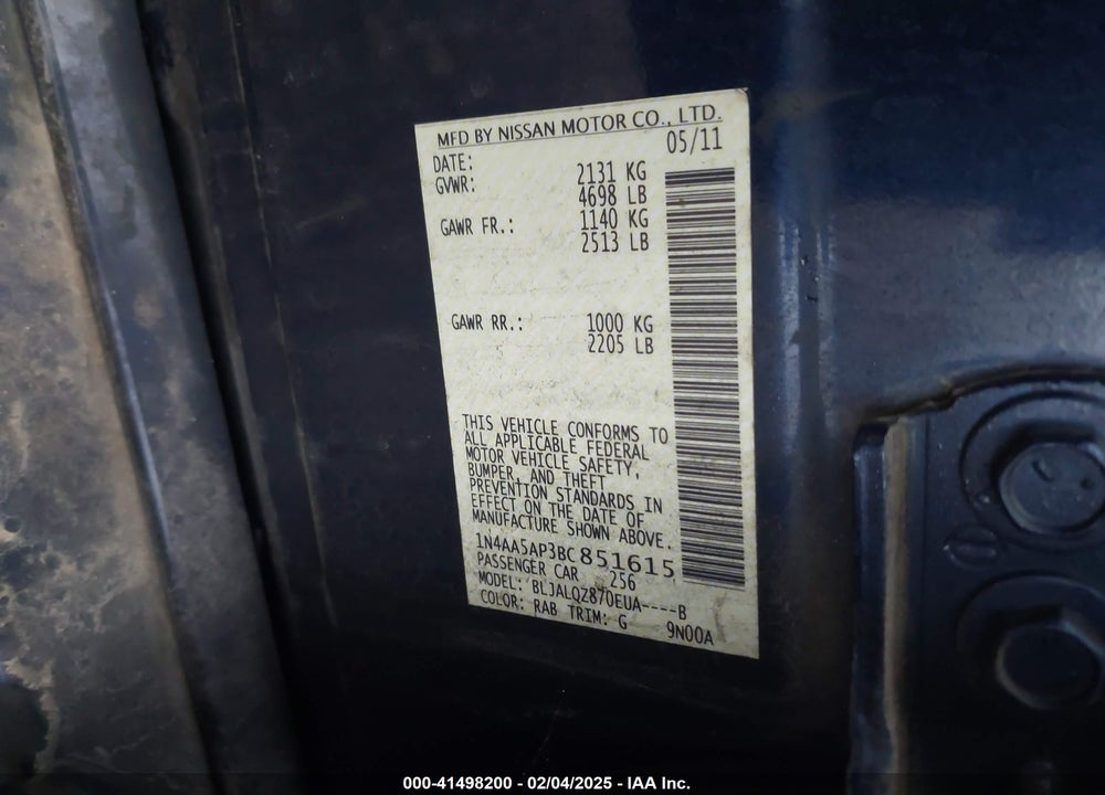 2011 NISSAN MAXIMA VIN: 1N4AA5AP3BC851615