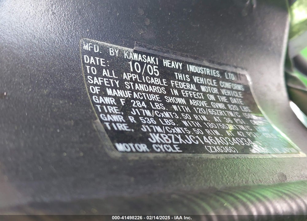 2006 KAWASAKI ZX636 C1 VIN: JKBZXJC146A034934