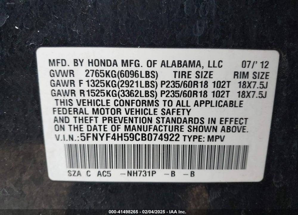 2012 HONDA PILOT VIN: 5FNYF4H59CB074922