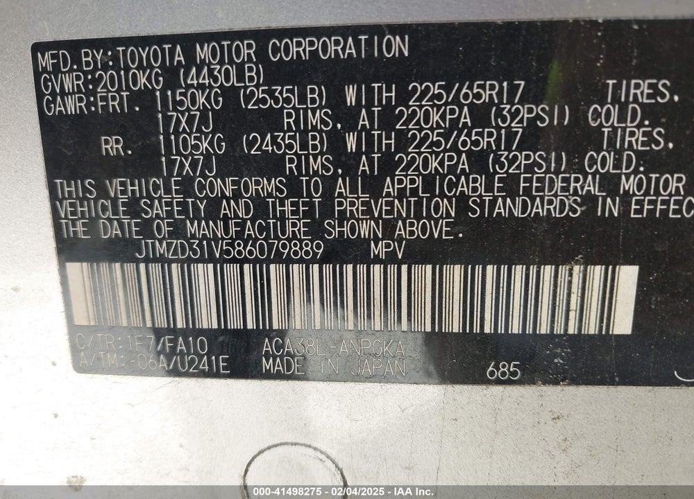 2008 TOYOTA RAV4 LIMITED VIN: JTMZD31V586079889
