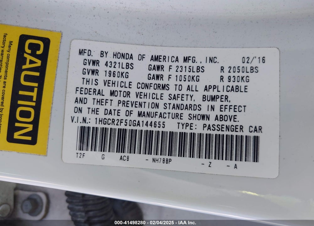 2016 HONDA ACCORD VIN: 1HGCR2F50GA144655