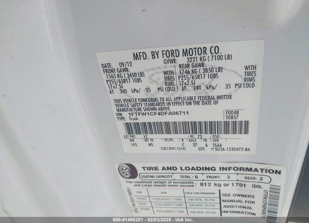 2013 FORD F-150 VIN: 1FTFW1CF4DFA06711