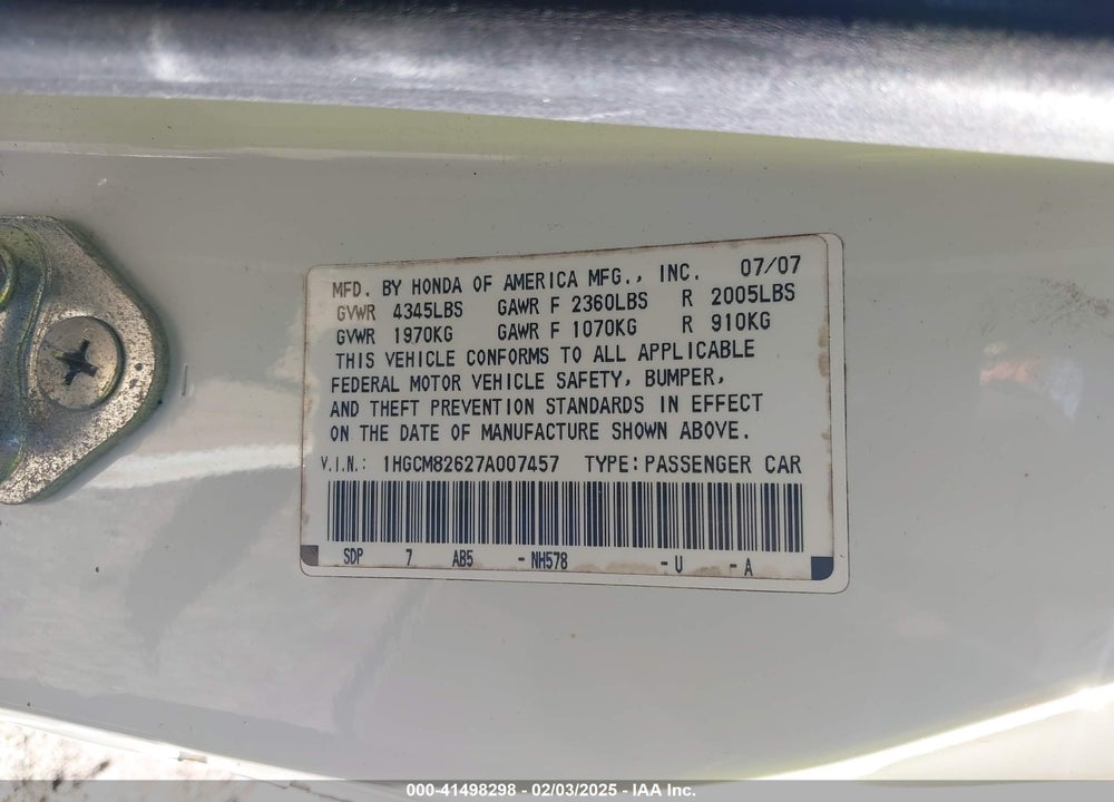 2007 HONDA ACCORD VIN: 1HGCM82627A007457