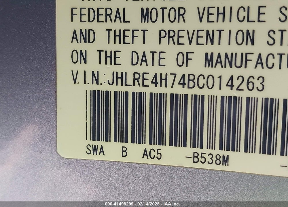 2011 HONDA CR-V EX-L VIN: JHLRE4H74BC014263