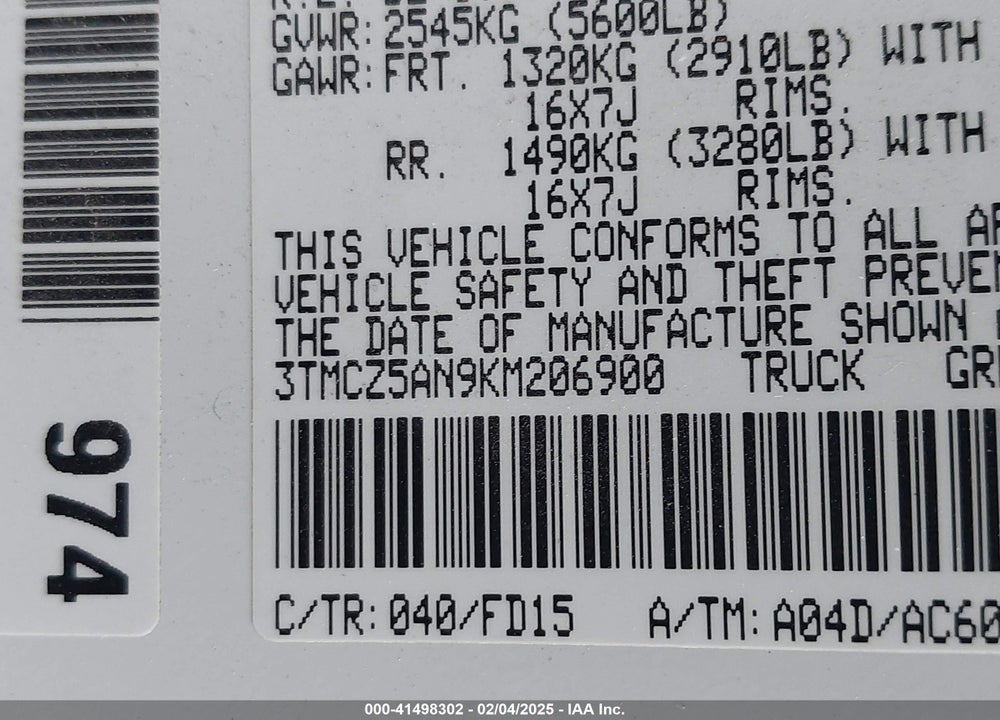 2019 TOYOTA TACOMA VIN: 3TMCZ5AN9KM206900