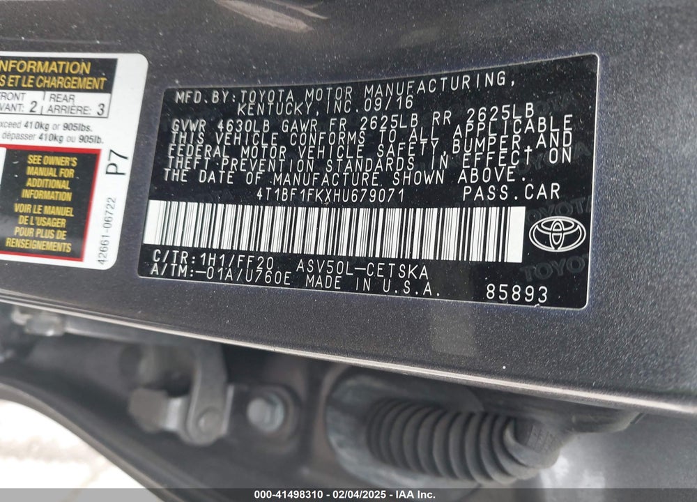 2017 TOYOTA CAMRY VIN: 4T1BF1FKXHU679071