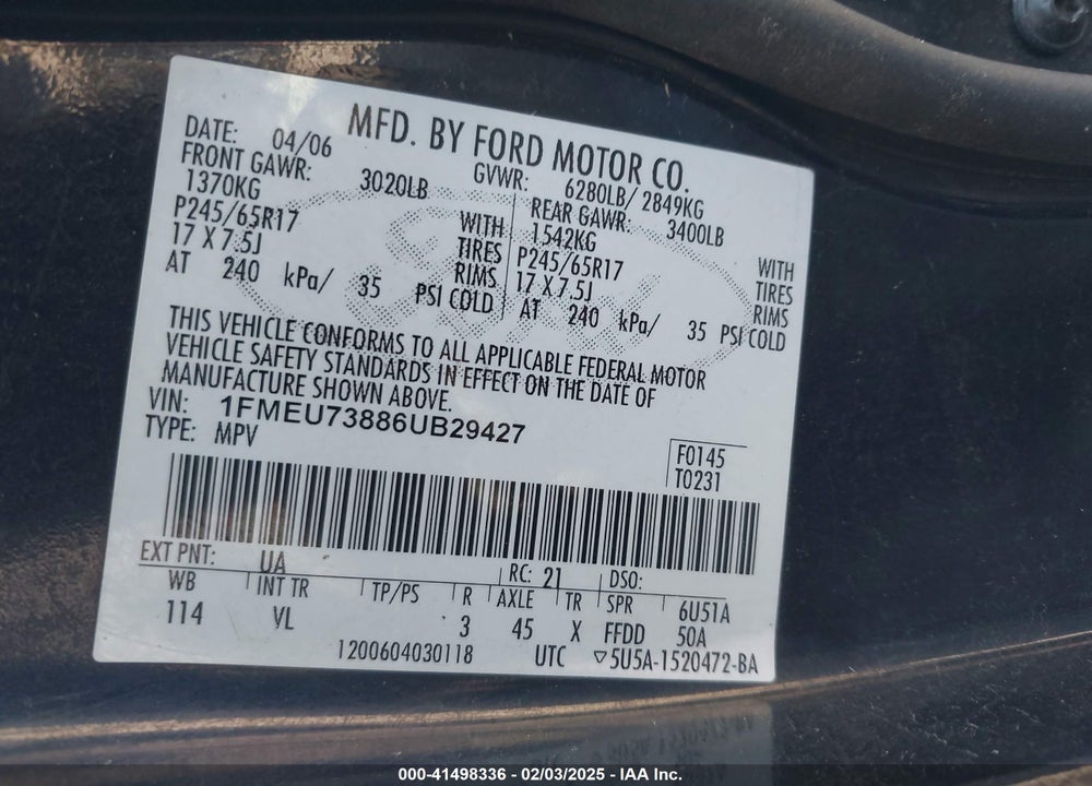 2006 FORD EXPLORER XLT VIN: 1FMEU73886UB29427