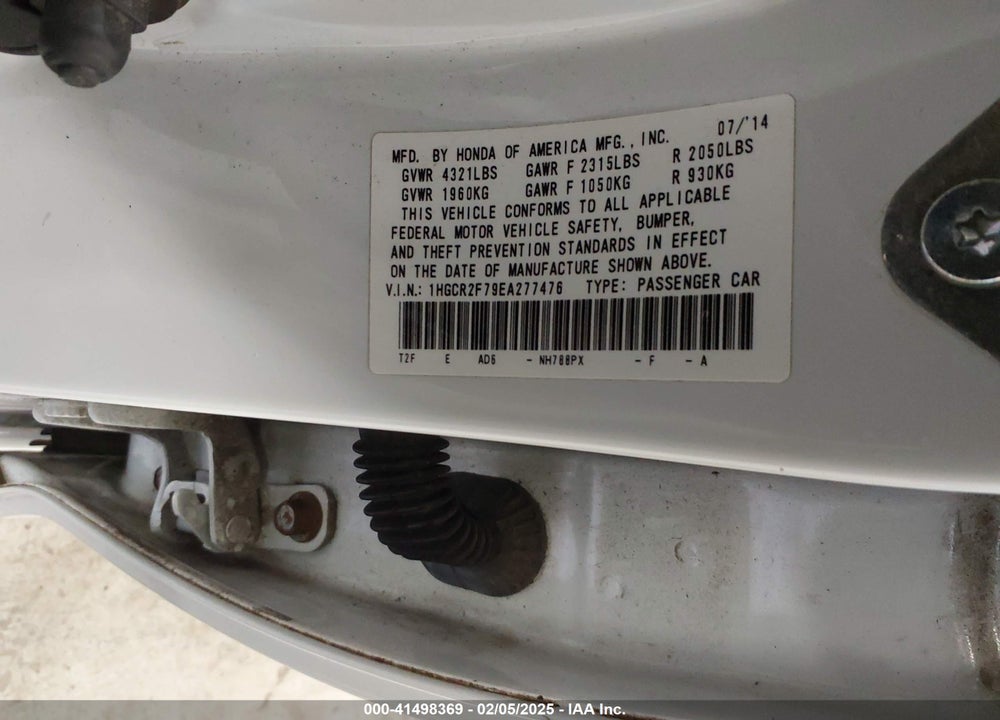 2014 HONDA ACCORD EX VIN: 1HGCR2F79EA277476