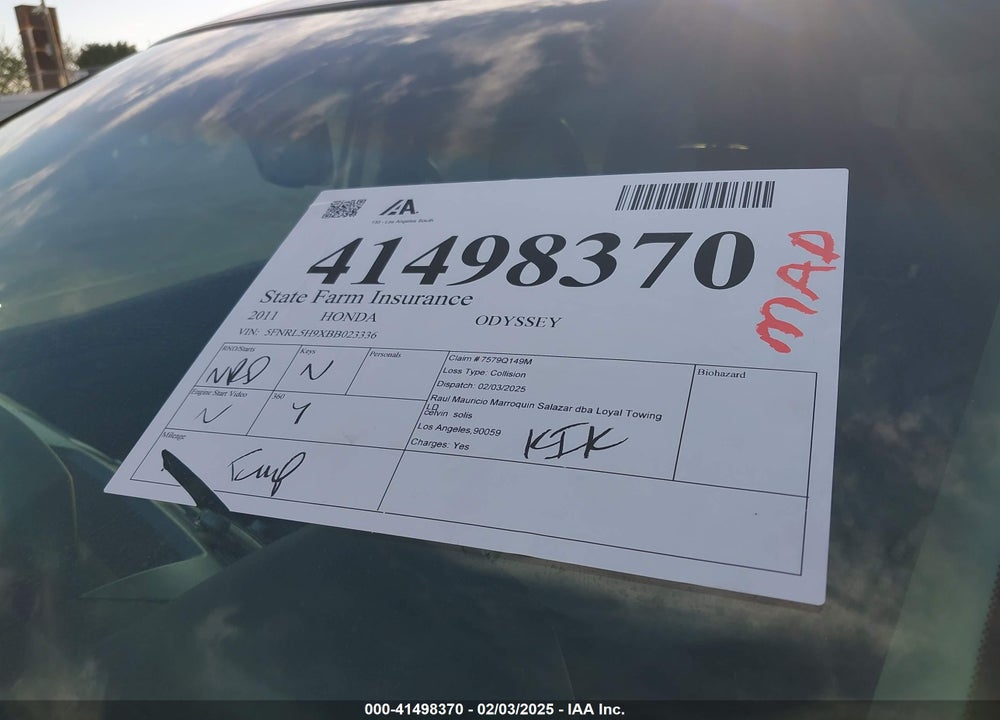 2011 HONDA ODYSSEY TOURING/TOURING ELITE VIN: 5FNRL5H9XBB023336