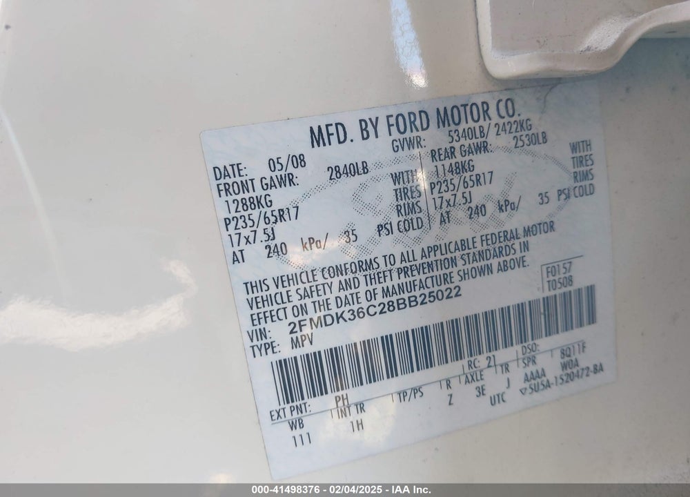 2008 FORD EDGE SE VIN: 2FMDK36C28BB25022