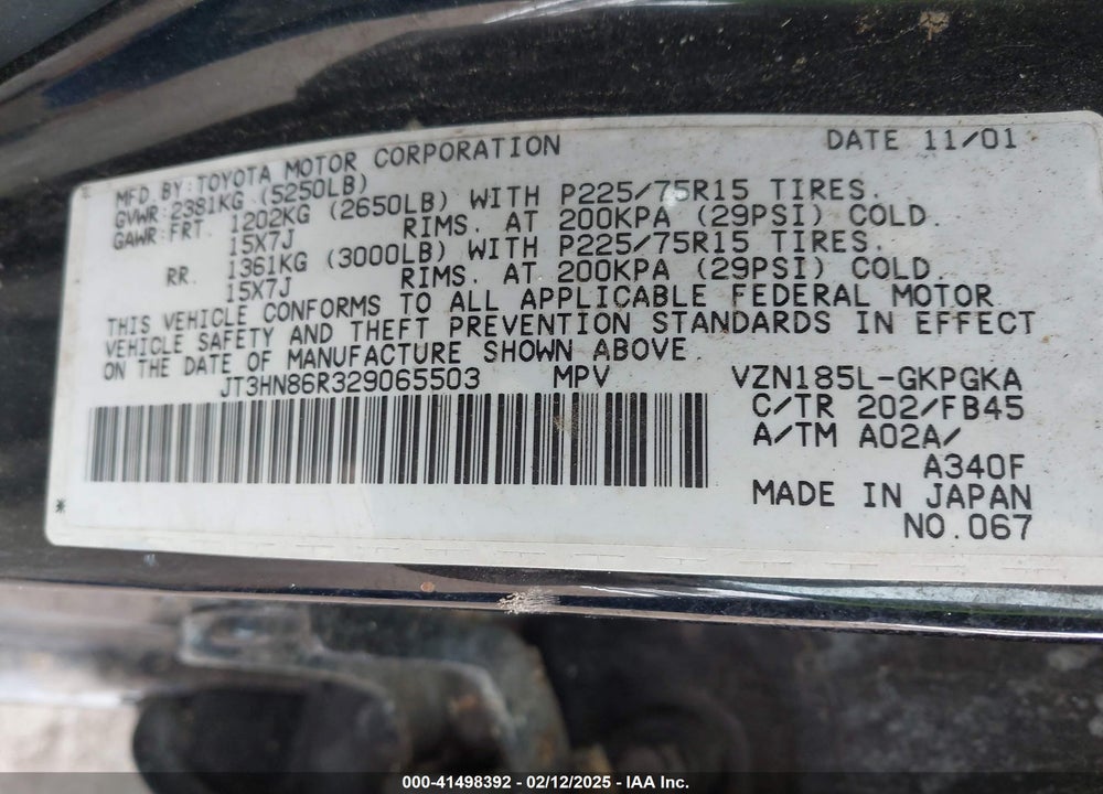 2002 TOYOTA 4RUNNER SR5 V6 VIN: JT3HN86R329065503