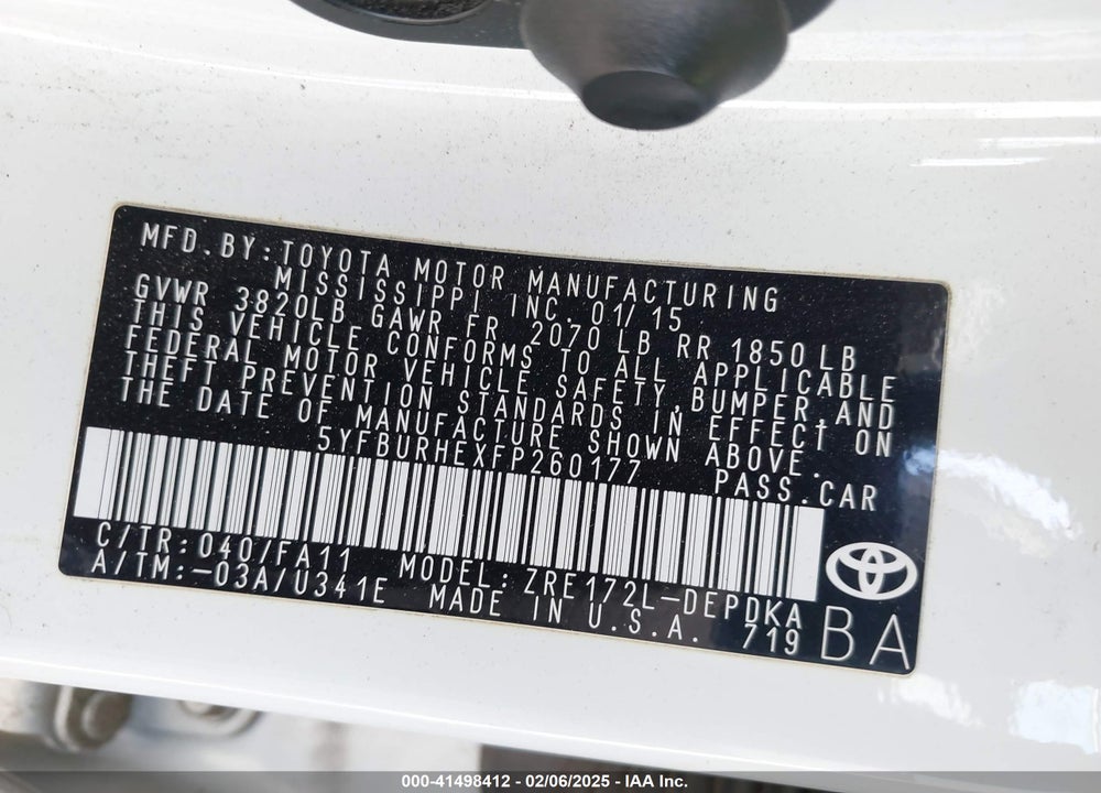 2015 TOYOTA COROLLA VIN: 5YFBURHEXFP260177