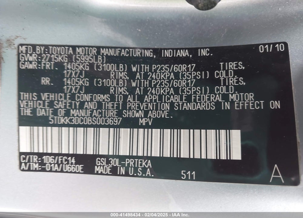 2011 TOYOTA SIENNA LE V6 VIN: 5TDKK3DC0BS003697