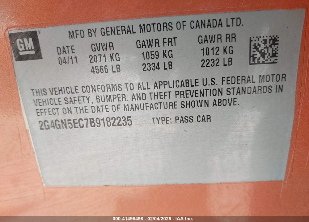 2011 BUICK REGAL VIN: 2G4GN5EC7B9182235