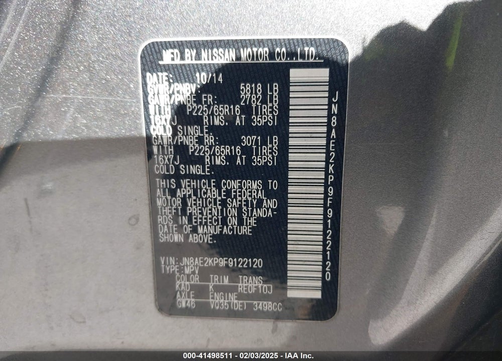 2015 NISSAN QUEST SV VIN: JN8AE2KP9F9122120