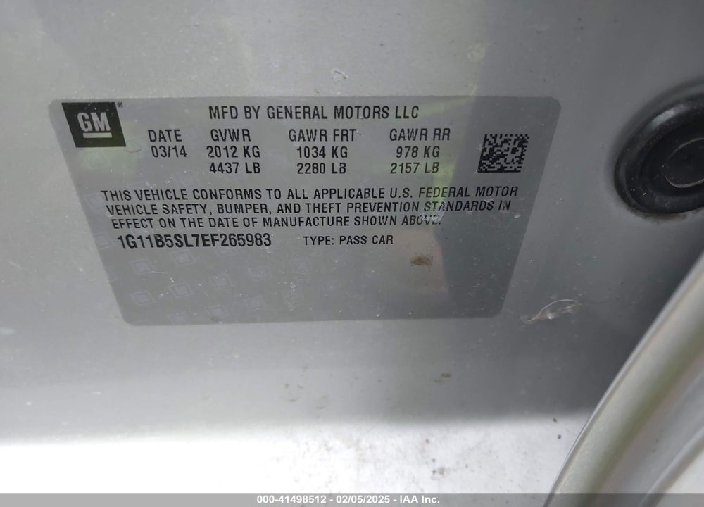 2014 CHEVROLET MALIBU VIN: 1G11B5SL7EF265983