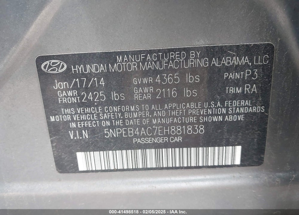 2014 HYUNDAI SONATA VIN: 5NPEB4AC7EH881838