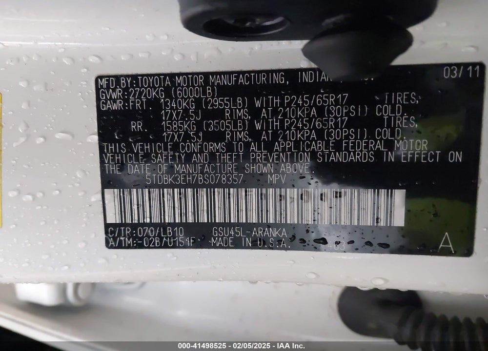 2011 TOYOTA HIGHLANDER SE V6 VIN: 5TDBK3EH7BS078357