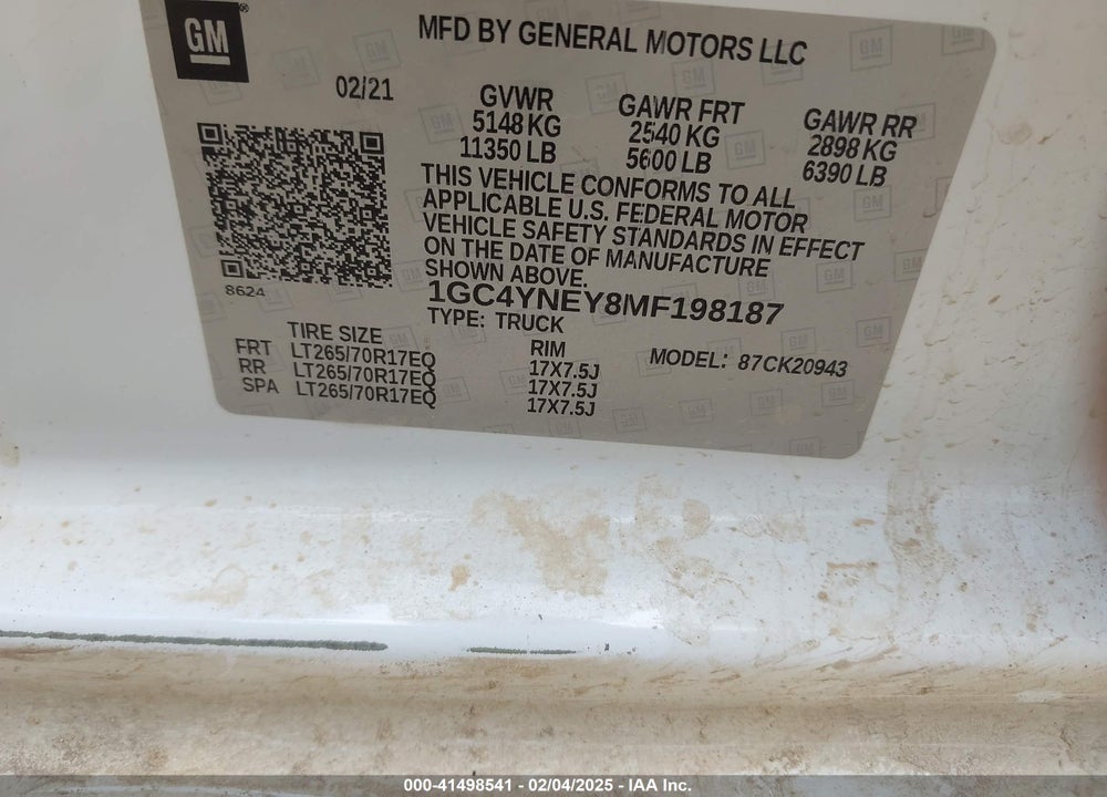 2021 CHEVROLET SILVERADO 2500HD 4WD LONG BED LT VIN: 1GC4YNEY8MF198187