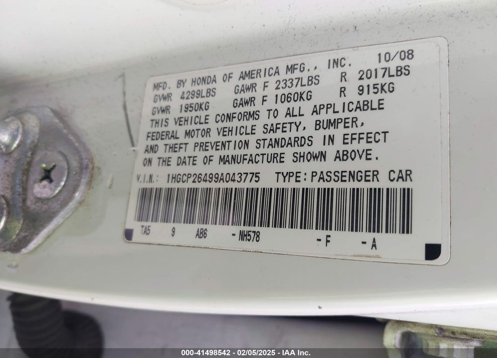 2009 HONDA ACCORD VIN: 1HGCP26499A043775
