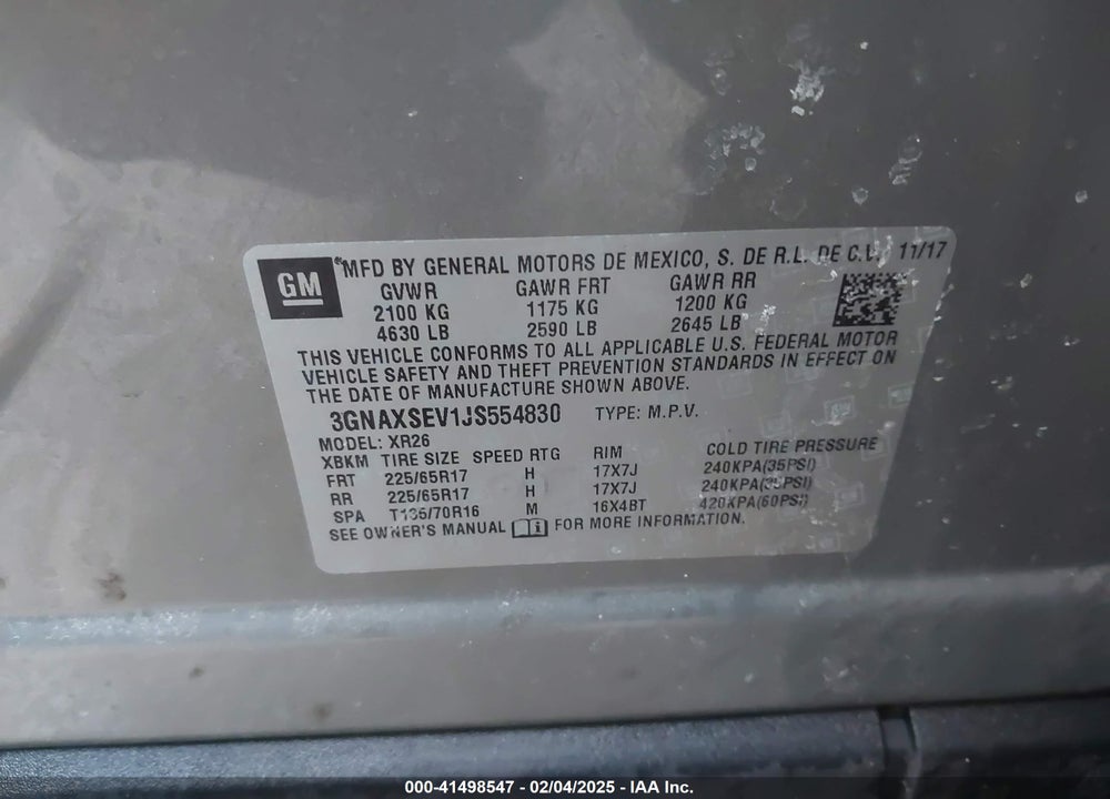 2018 CHEVROLET EQUINOX LT VIN: 3GNAXSEV1JS554830