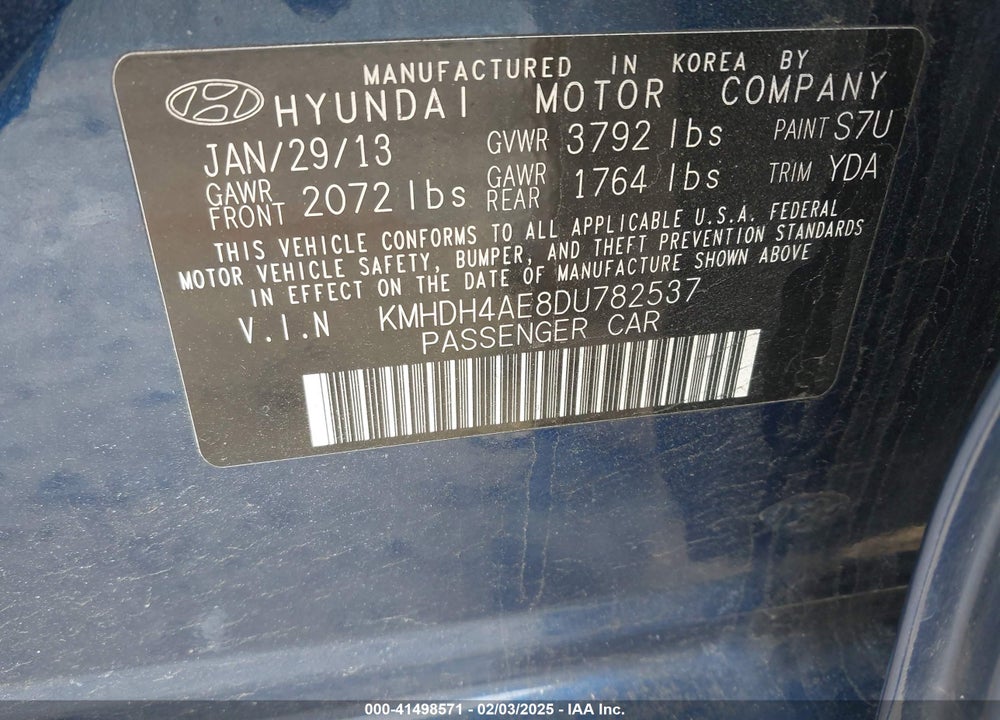 2013 HYUNDAI ELANTRA VIN: KMHDH4AE8DU782537
