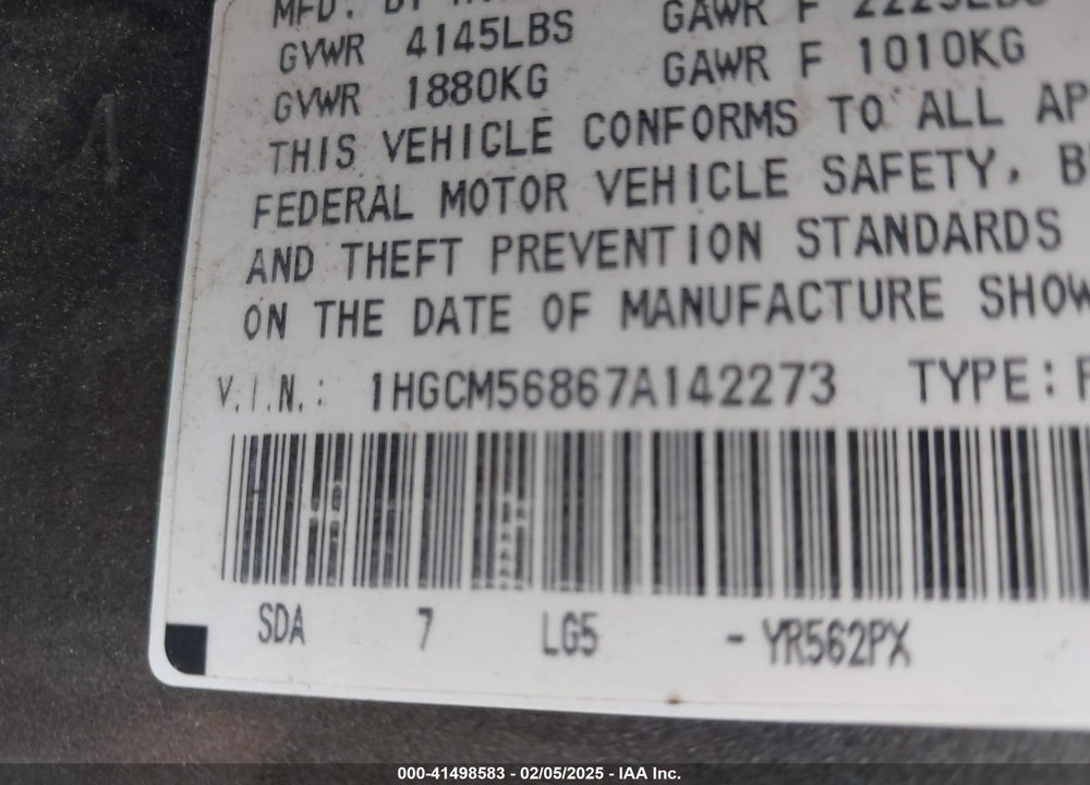 2007 HONDA ACCORD VIN: 1HGCM56867A142273
