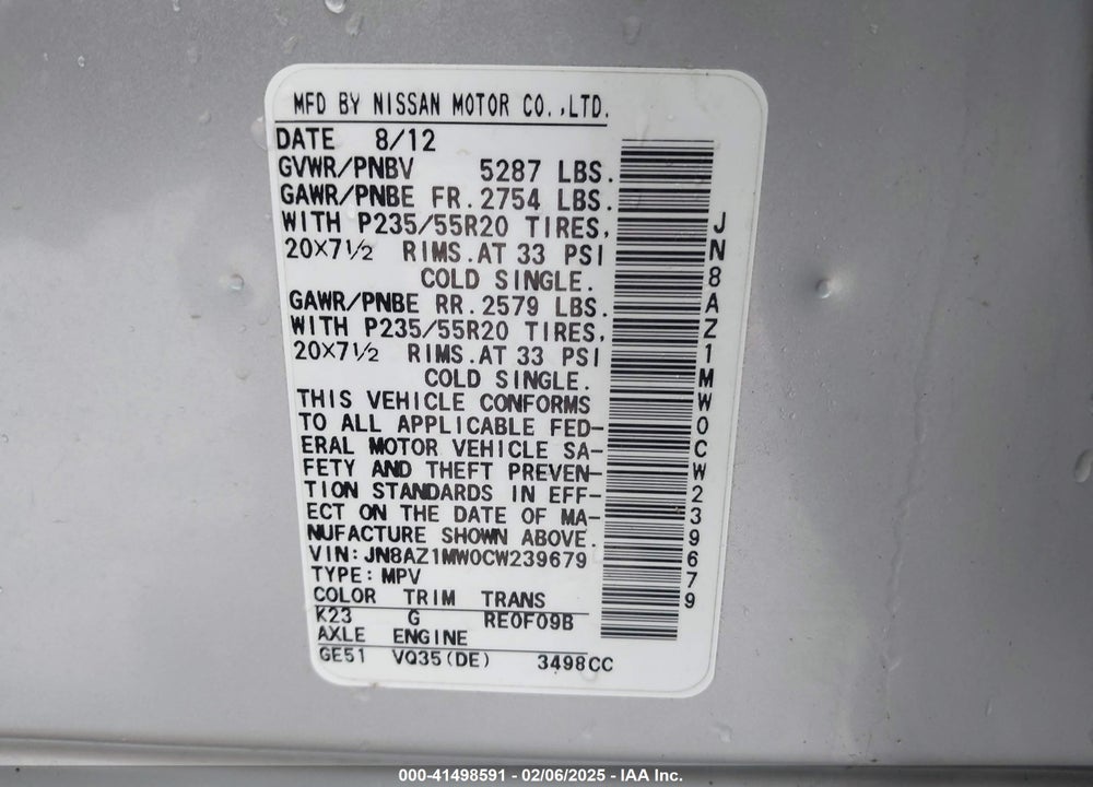 2012 NISSAN MURANO LE VIN: JN8AZ1MW0CW239679