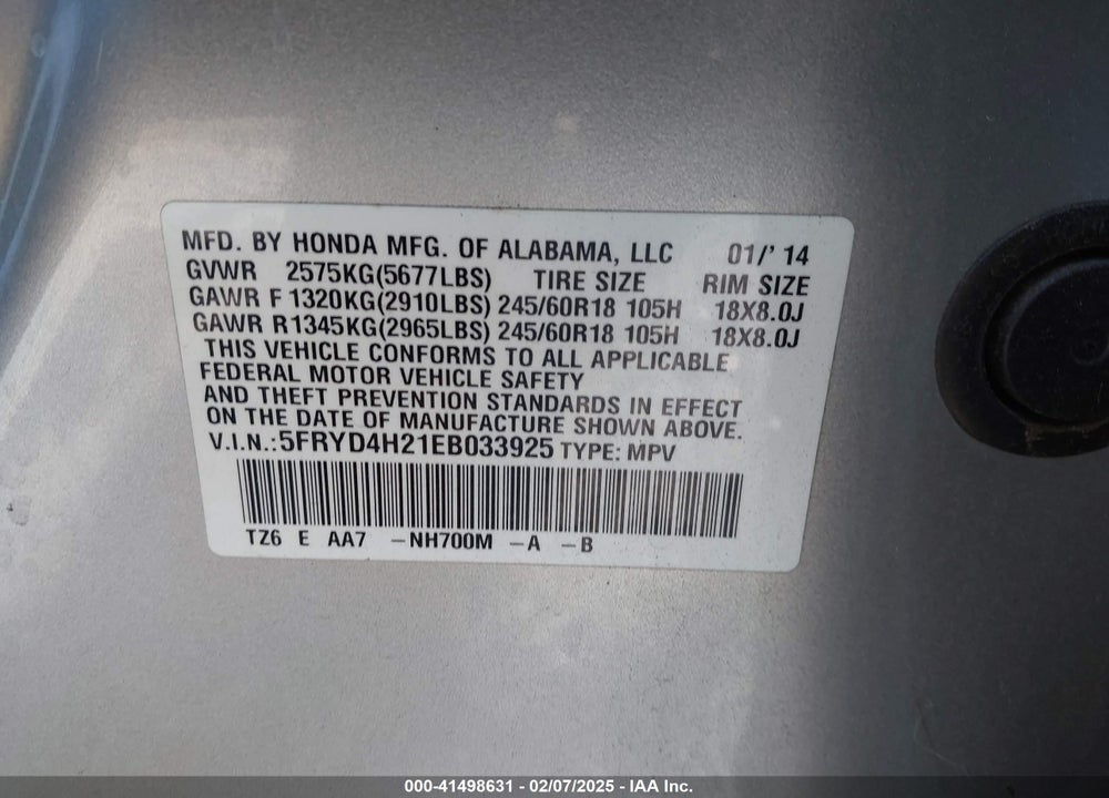 2014 ACURA MDX VIN: 5FRYD4H21EB033925