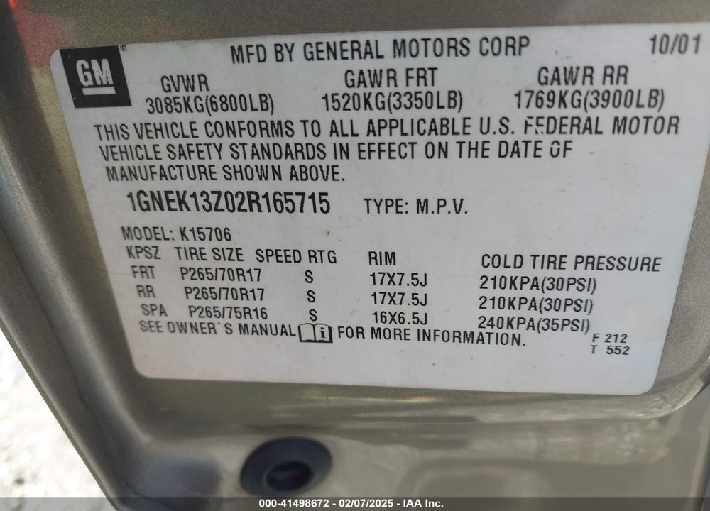 2002 CHEVROLET TAHOE Z71 VIN: 1GNEK13Z02R165715