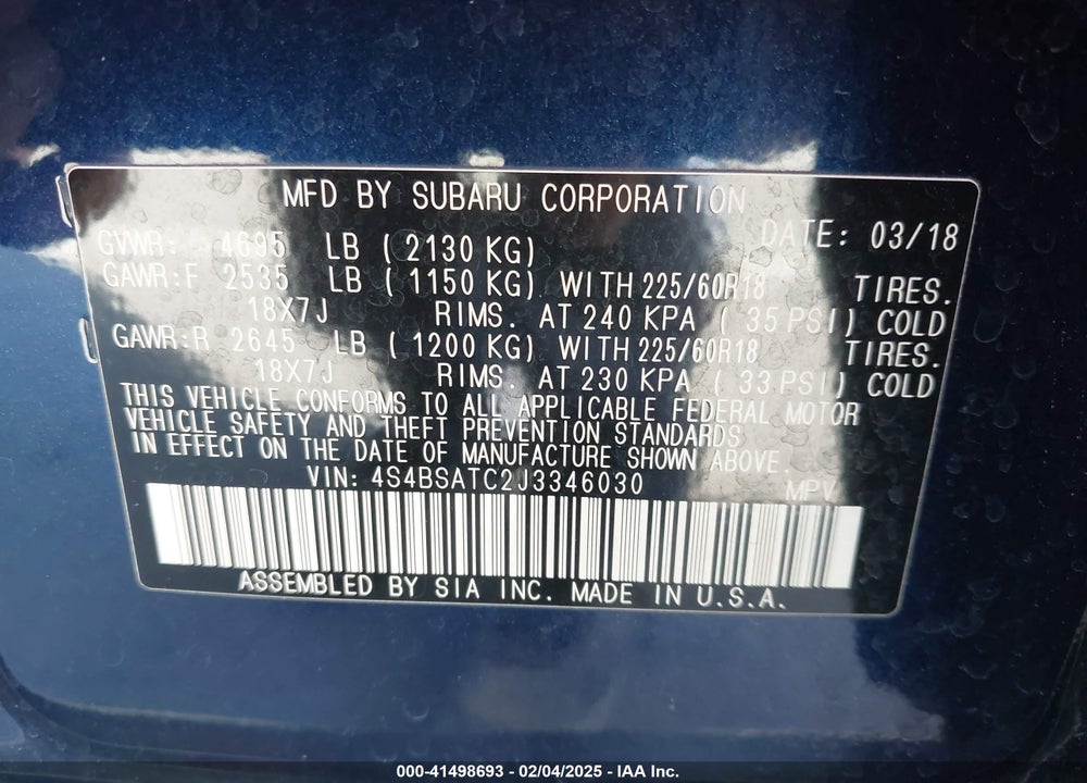 2018 SUBARU OUTBACK VIN: 4S4BSATC2J3346030