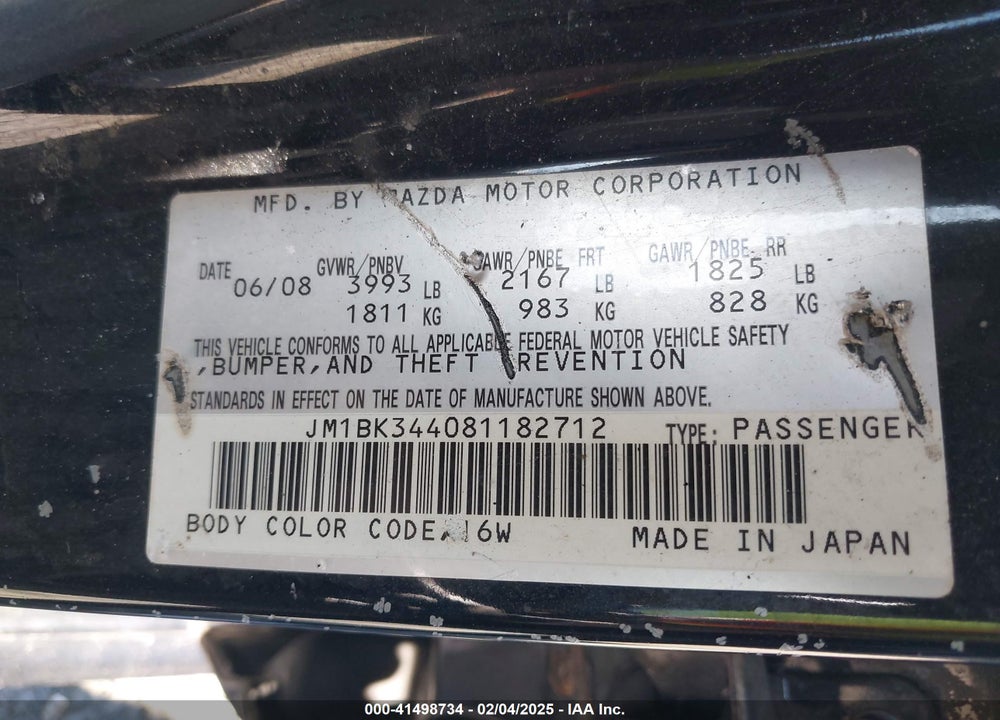 2008 MAZDA 3 S TOURING VIN: JM1BK344081182712