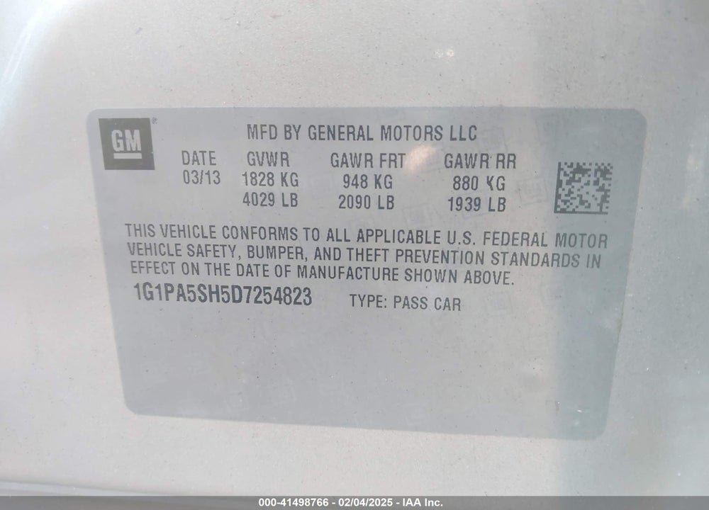 2013 CHEVROLET CRUZE VIN: 1G1PA5SH5D7254823