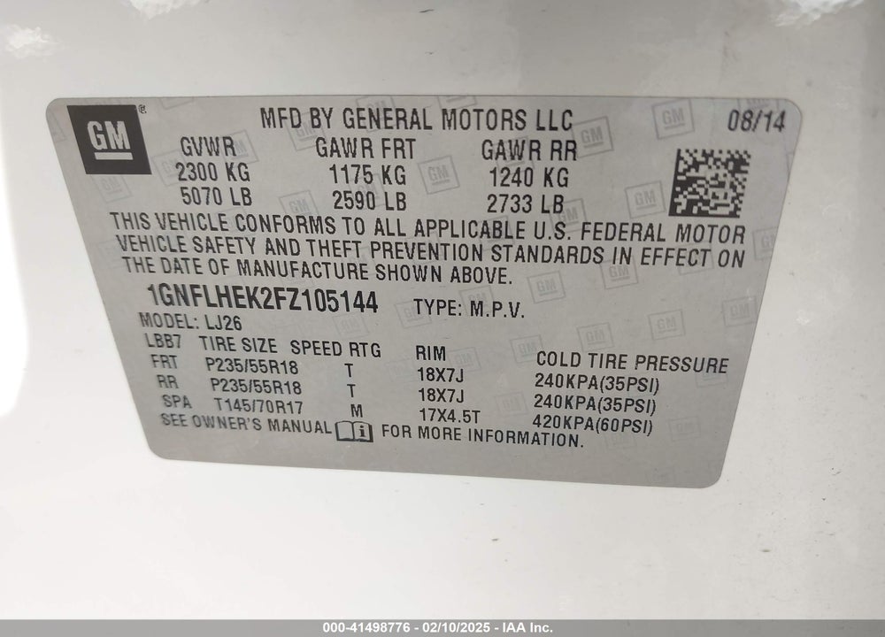 2015 CHEVROLET EQUINOX LTZ VIN: 1GNFLHEK2FZ105144